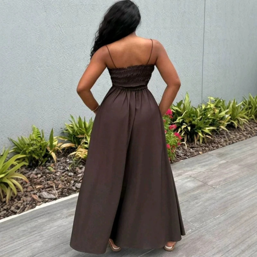 ZARA Resort Solid Gathered Waist Square Neck Maxi Dress African Vibe